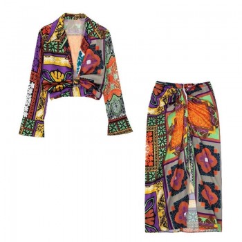 Fashion retro knotted shirt skirt 2-piece set 2022 summer new fashion slim 